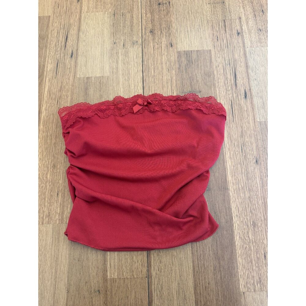 Red Ribbed Lace Trim Satin Bow Strapless Tube Top